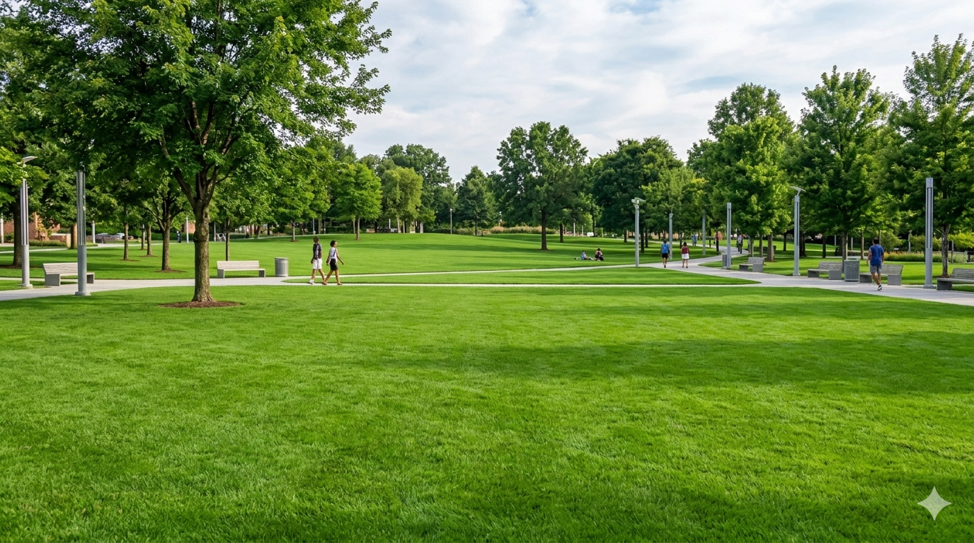 Rozľahlý mestský park s kvalitným trávnikom a chodiacimi ľuďmi