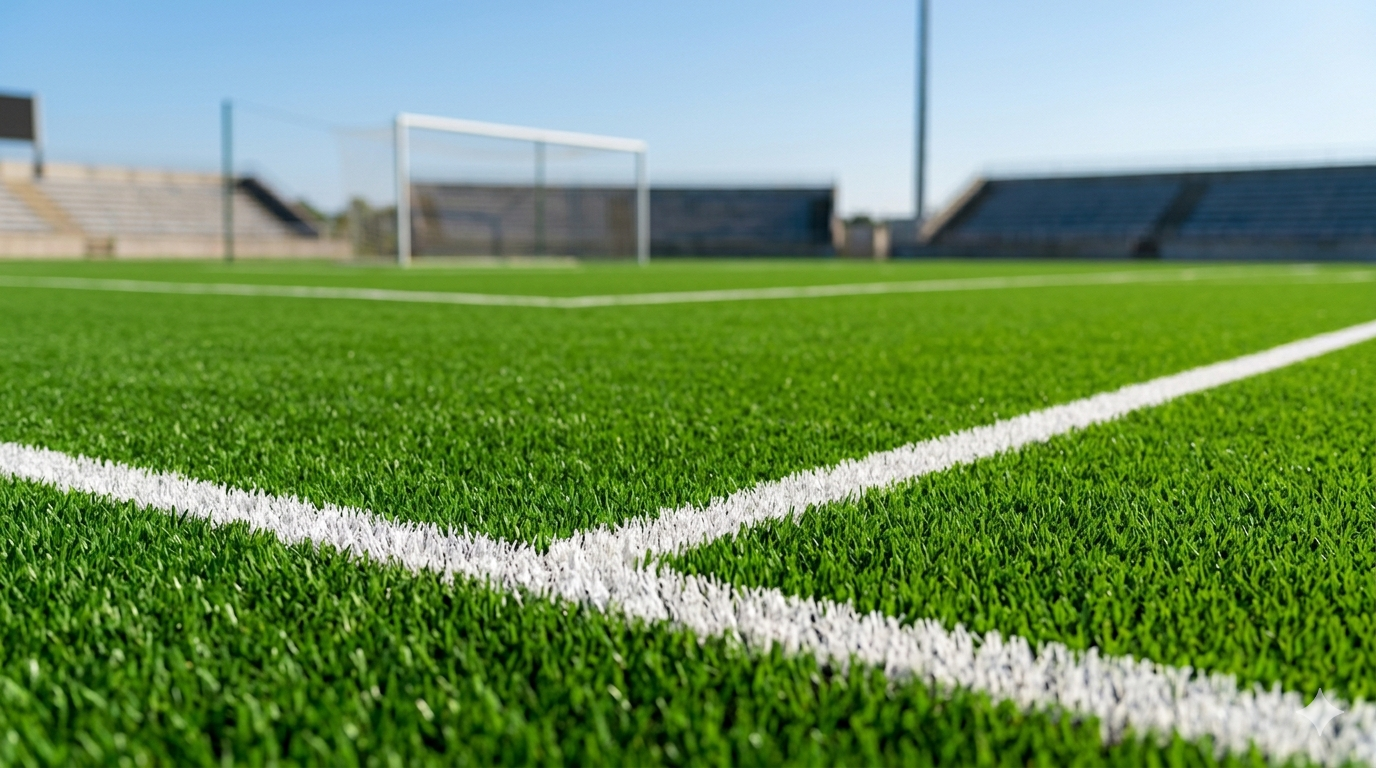 Detail trávnika na futbalovom ihrisku s bielymi čiarami a bránkou v pozadí